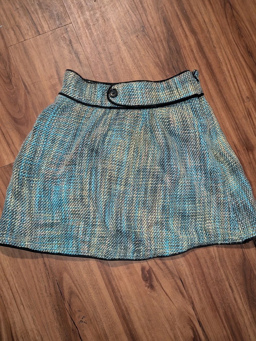 Textured Blue-Green A-Line Skirt with Contrast Trim